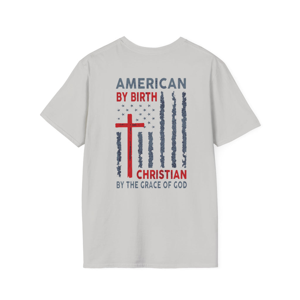 Christian Flag T-Shirt – “American by Birth, Christian by the Grace of God”