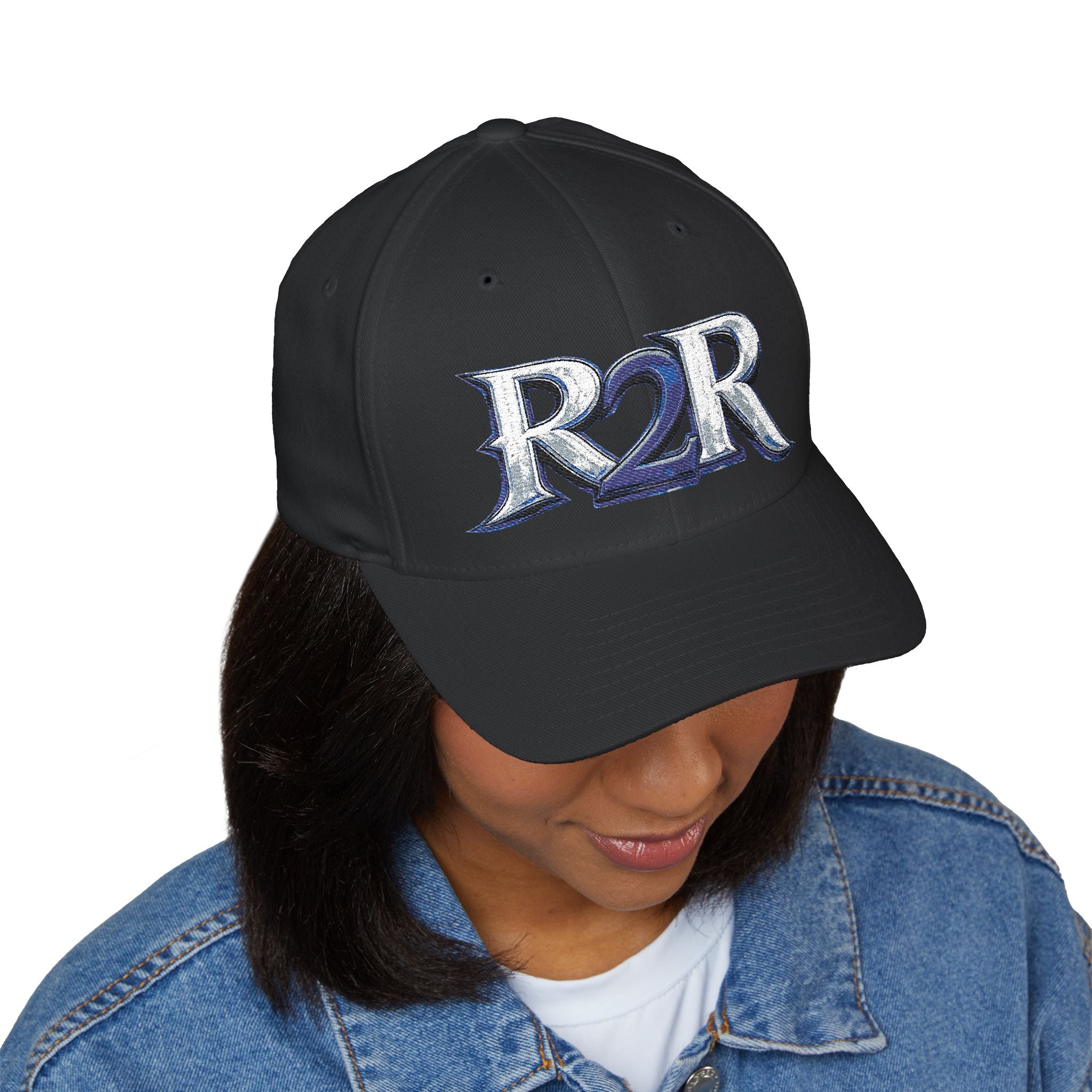 Embroidered R2R Logo Cap — Black Structured Baseball Hat