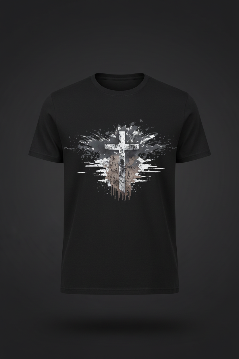 Christian Cross Ink Splatter T-Shirt on dark background